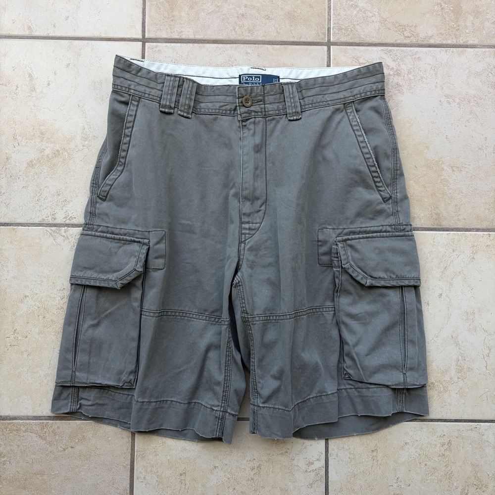 Polo Ralph Lauren Cargo Shorts Mens 33 Gray 10" Canvas Heavy Cotton Utility Y2K - Picture 1 of 8